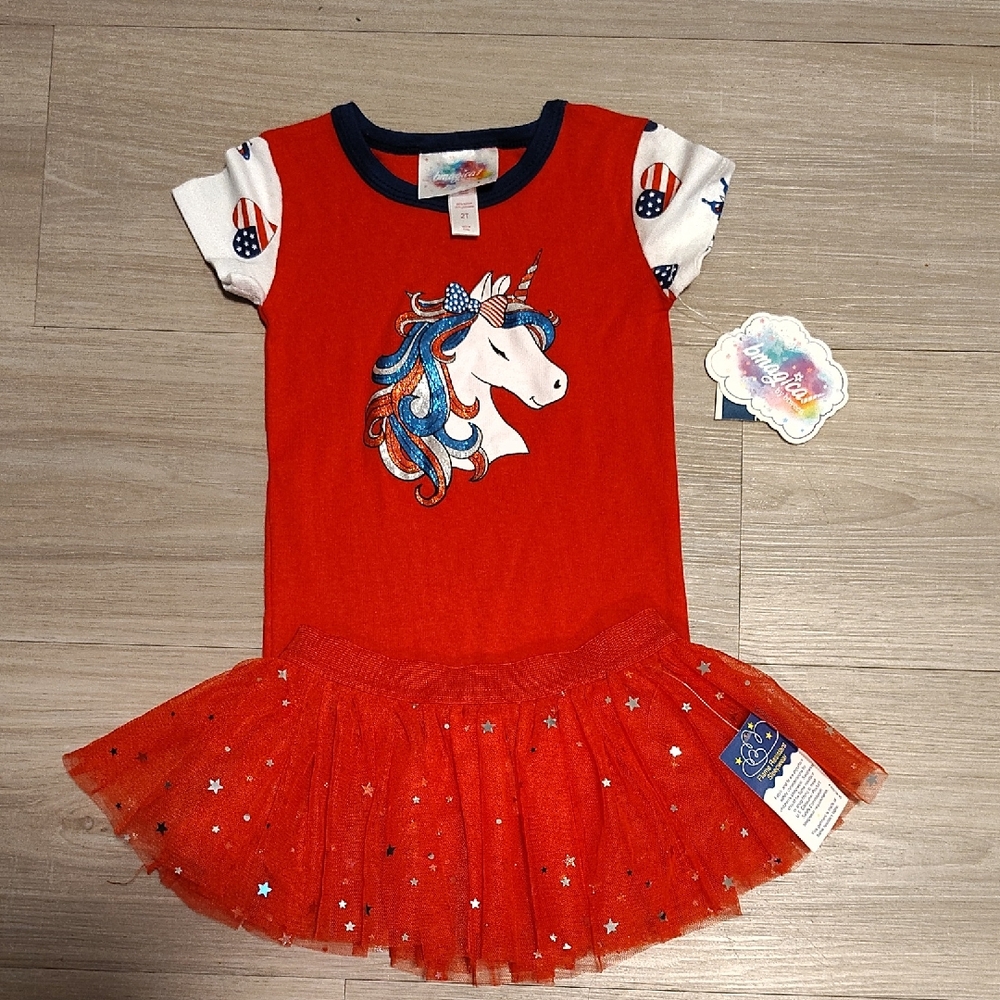 Magic Red Dress with Navy Trim and Unicorn Motif